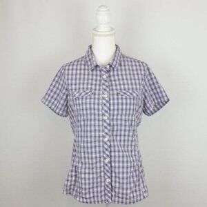 Eddie Bauer Women's Medium Purple White Plaid Short Sleeve Button Up Shirt